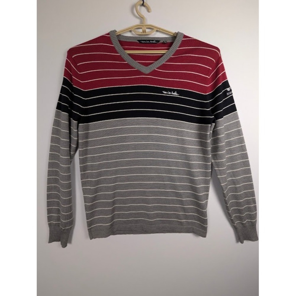 Travis Mathew V-Neck‎ Sweater Mens L Red Black Grey Striped Hideaway Logo